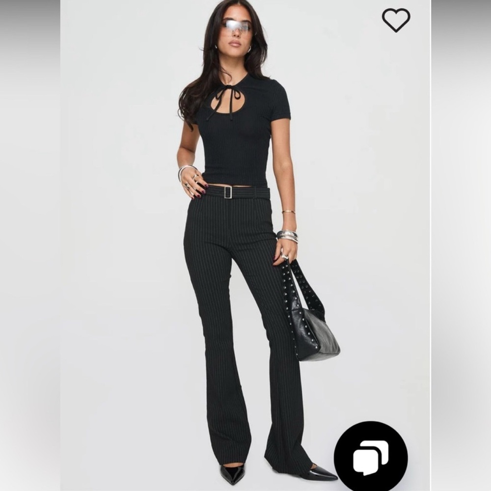 Princess Polly Kinkirk Pinstripe Black Flare Trousers with Belt